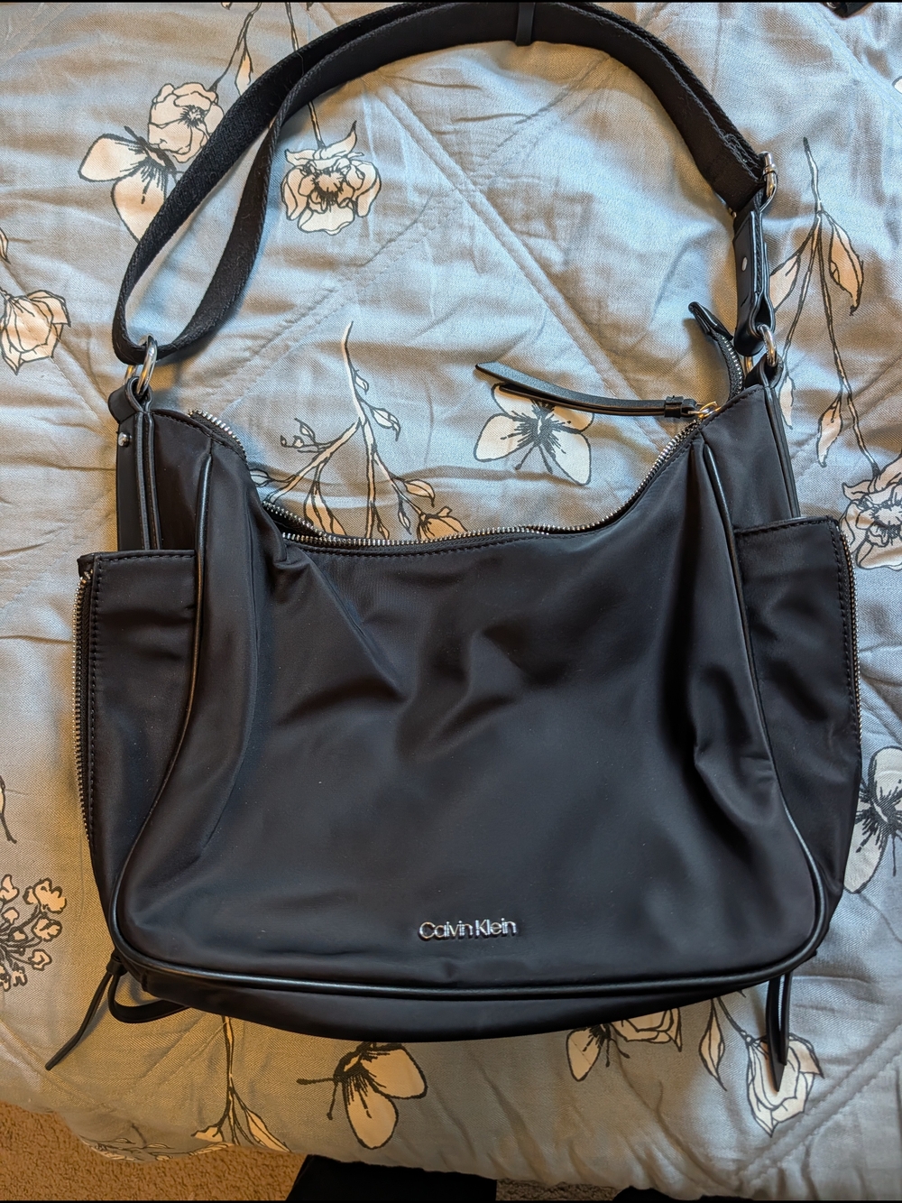 Calvin Klein Black Nylon Shoulder Bag with Silver Hardware